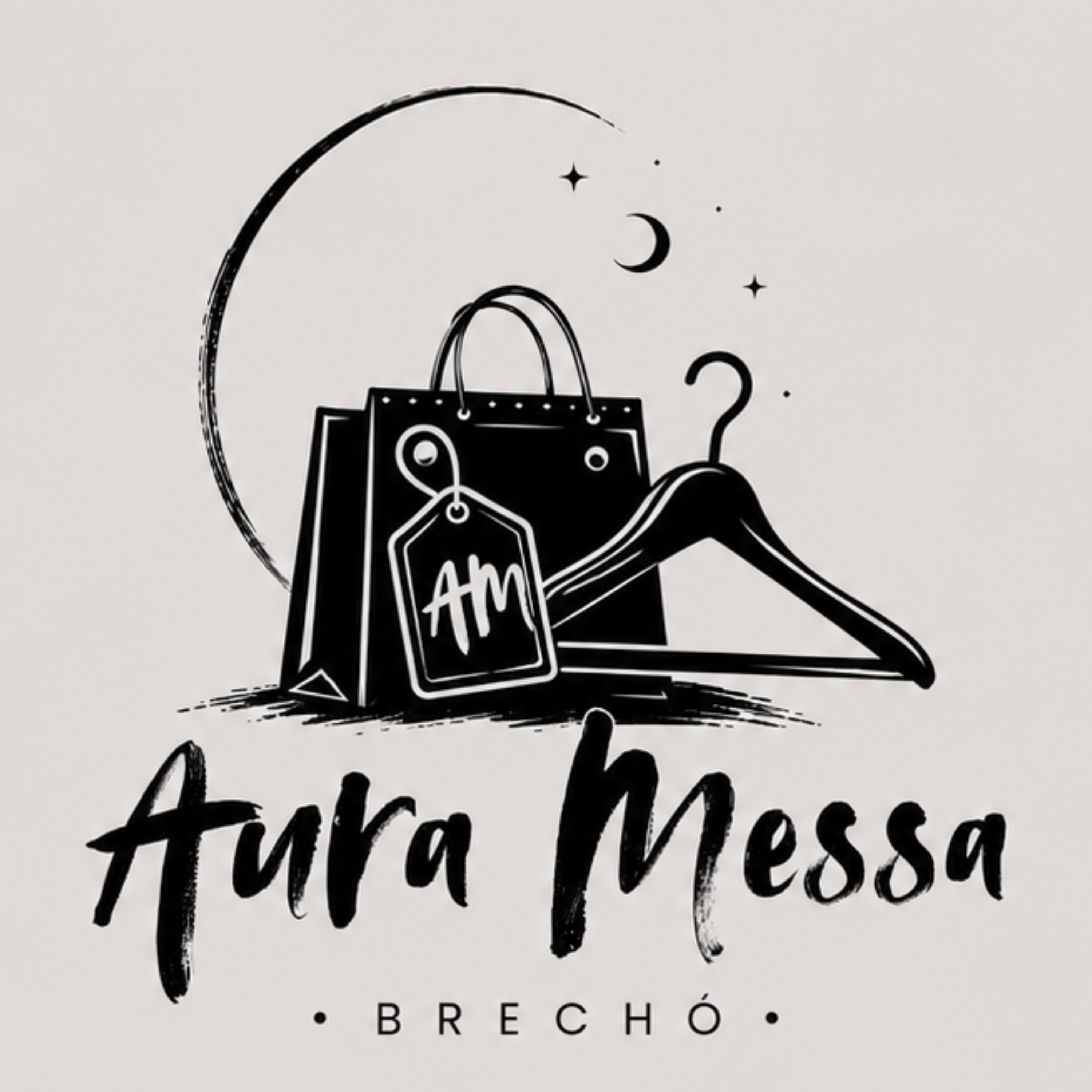 Logo Aura Messa Brechó com cabide, sacola, lua e estrelas