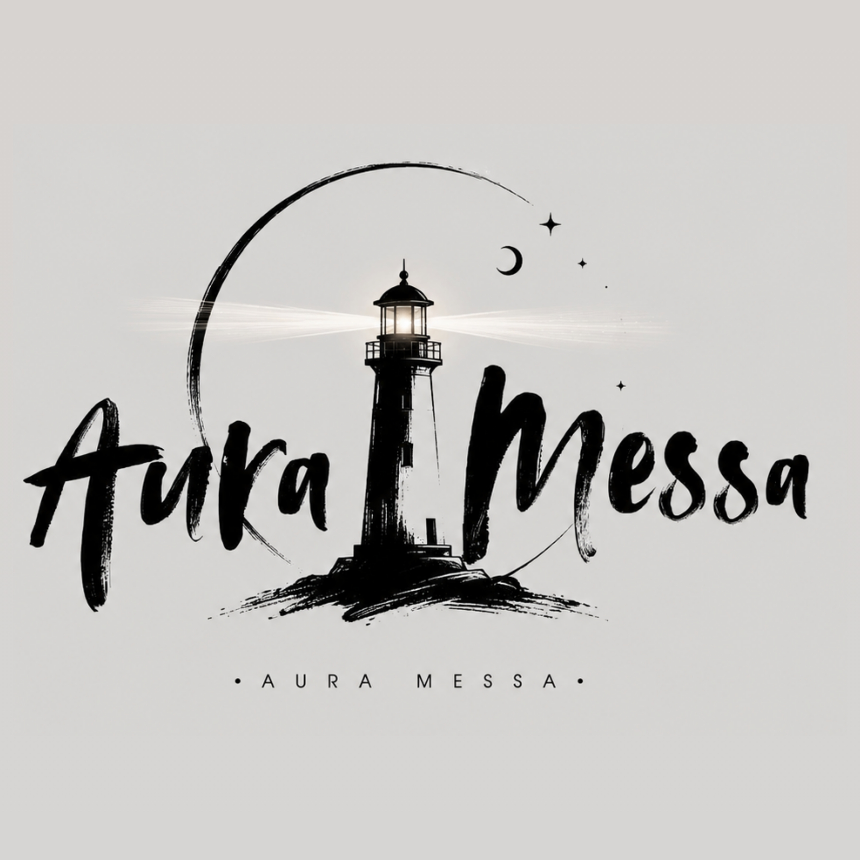 Aura Messa: farol com lua, estrelas e traços de pincel
